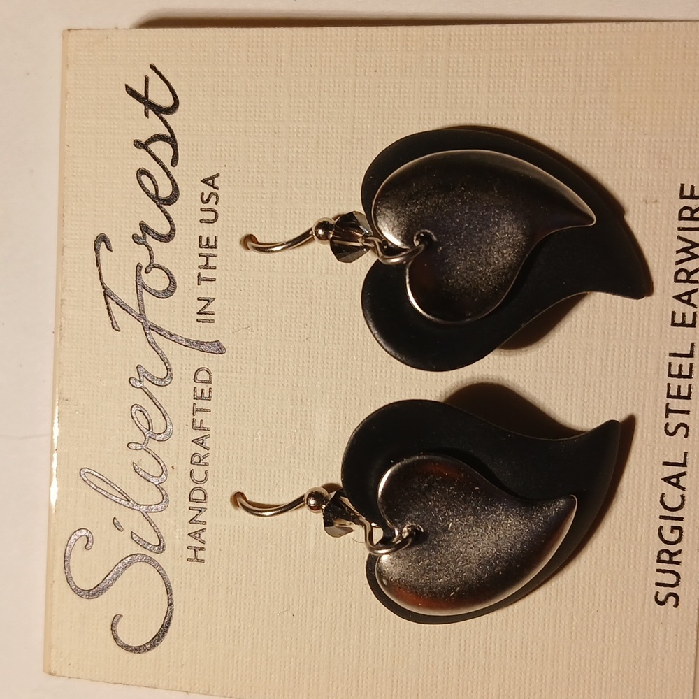 18K on Surgical Steel Double Heart Black Base & Silver Heart Accent
